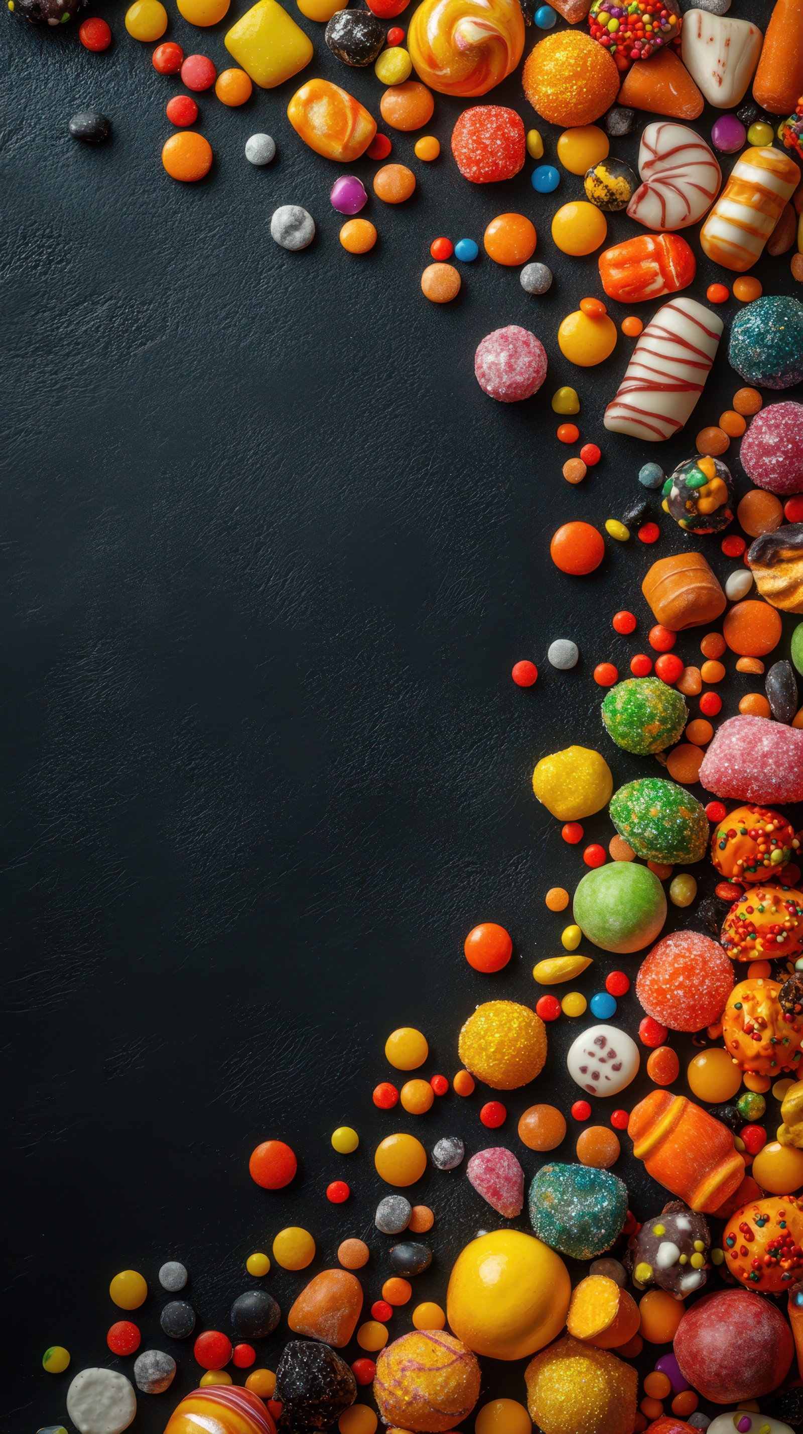 Colorful variety of candies scattered artistically on a dark surface during a festive occasion
